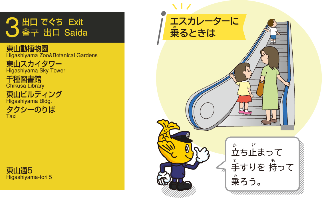 エスカレーターを乗るときは立ち止まって手すりを持って乗ろう。